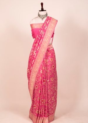 Pure banarasi moonga silk saree cutwork handloom color Rani (Pink)