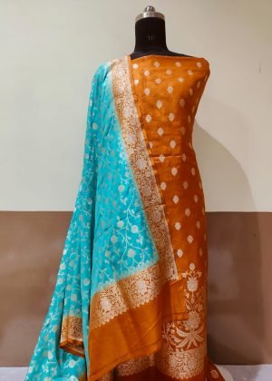 Pure Banarasi Silk Suit-Dupatta with Gold Zari & Meenakari Work (Handloom)