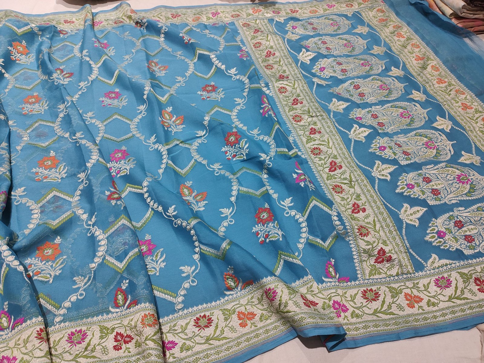 Pura banarasi chiffon khaddi georgette Multi-Colour handloom sarees - Image 7