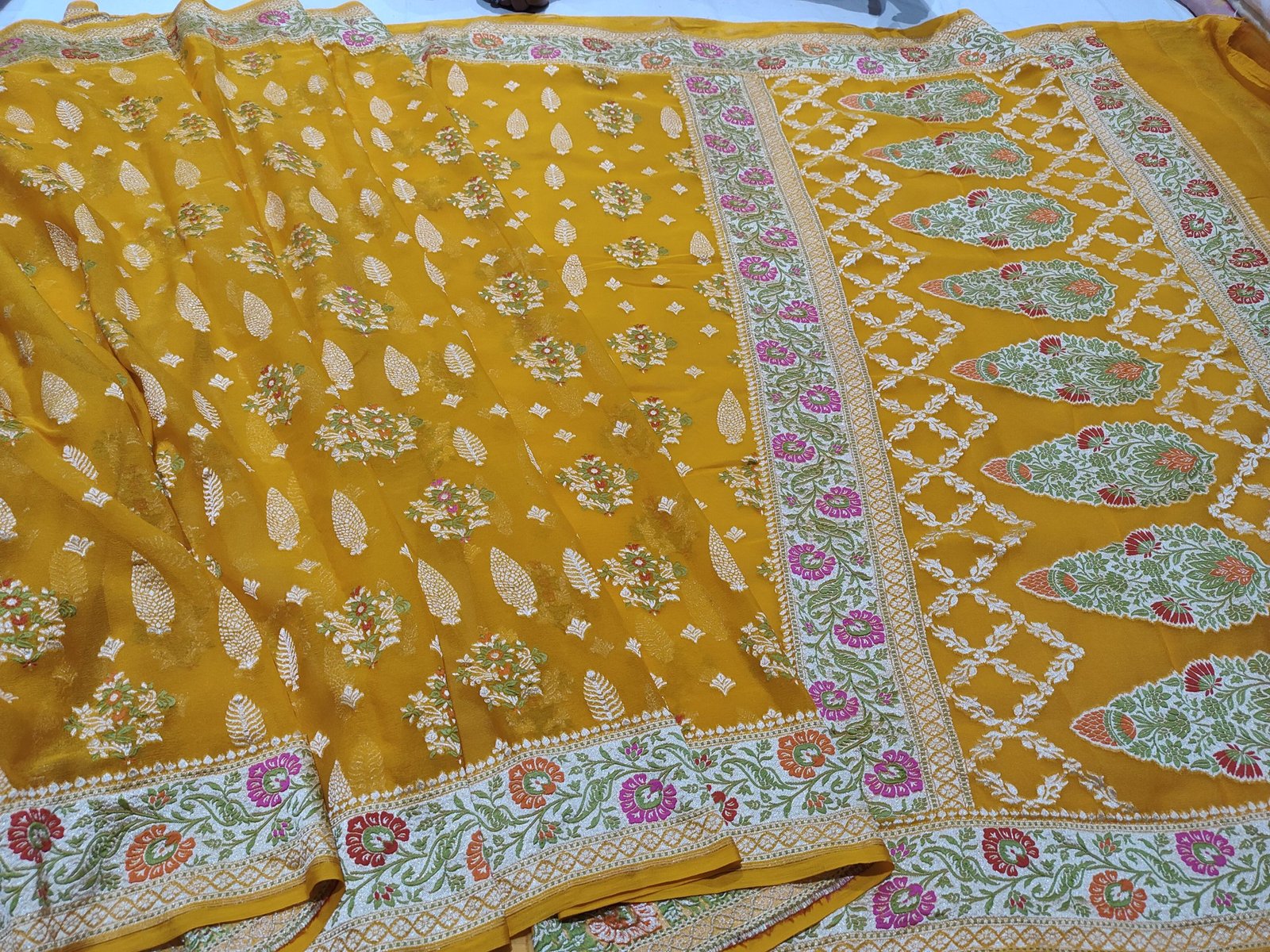 Pura banarasi chiffon khaddi georgette Multi-Colour handloom sarees - Image 17