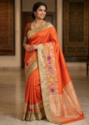 Pure Banarasi Silk Katan Kora Saree – Multi-Zari Elegance