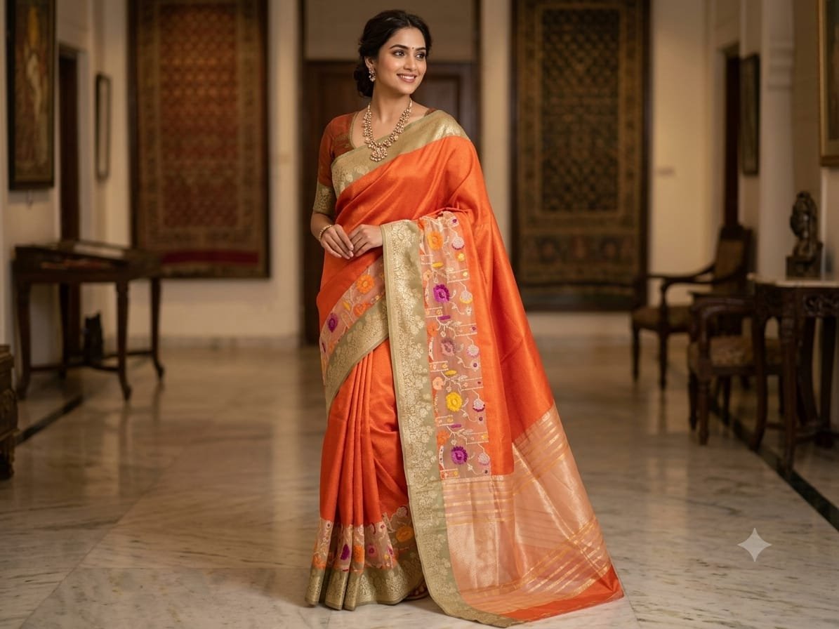 Pure Banarasi Silk Katan Kora Saree – Multi-Zari Elegance